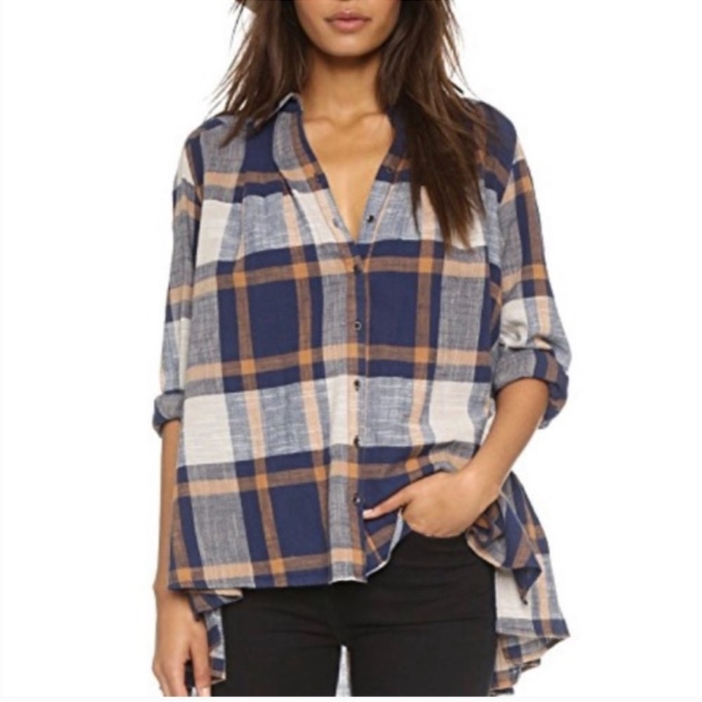 Free People | Peppy Plaid Oversized Button Down Tunic Sz M - Picture 5 of 10